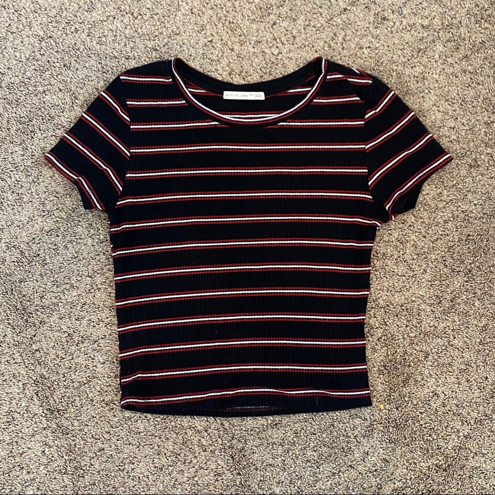 red, white, black striped t-shirt